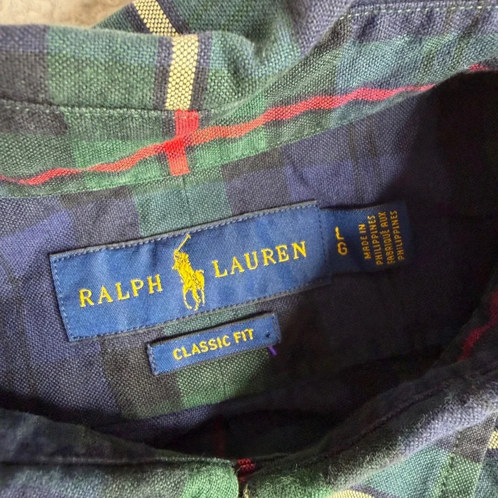 Polo Ralph Lauren Mens Large Classic Fit Plaid Button Down Shirt Navy Green Red